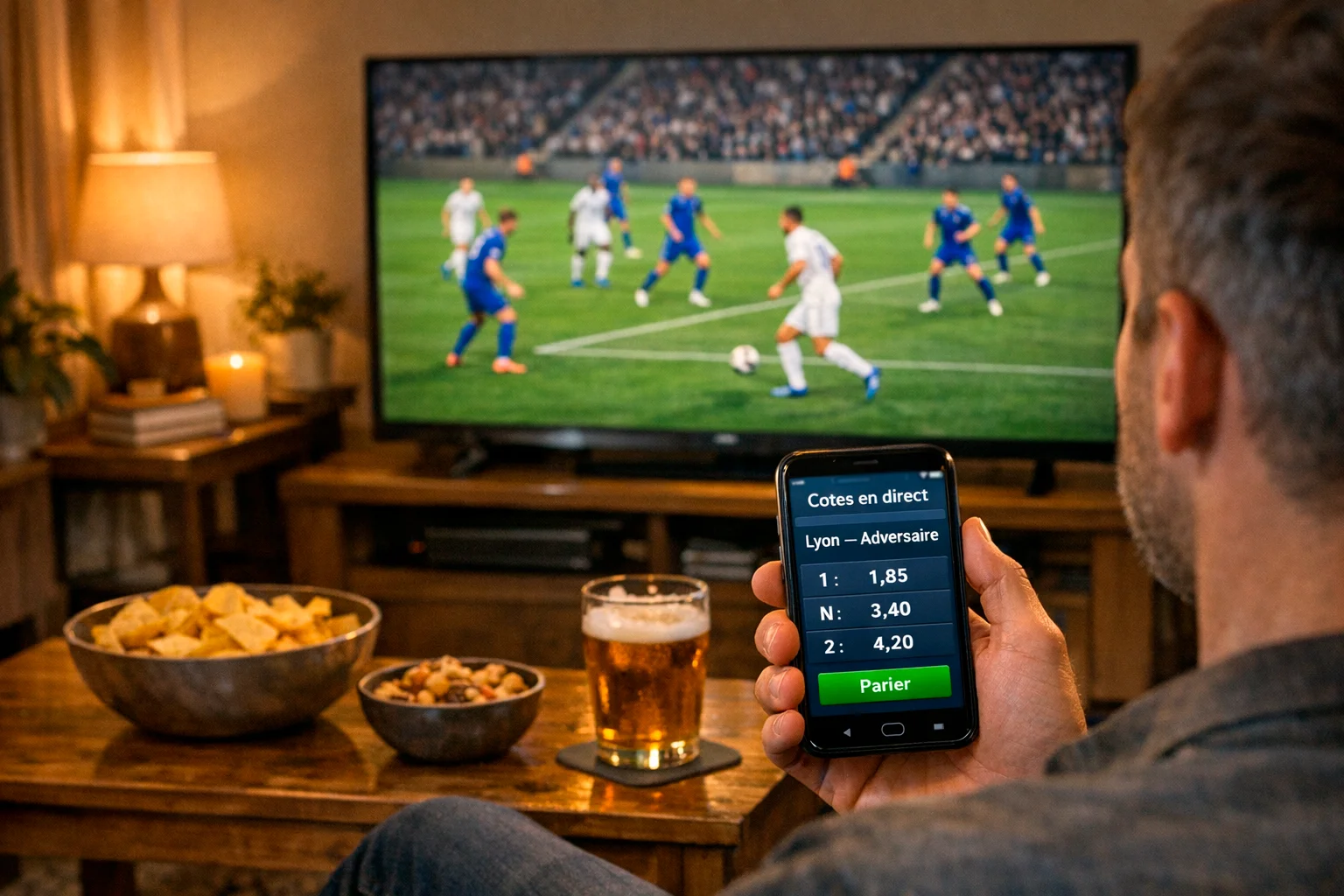 Parieur suivant un match en direct sur son appareil