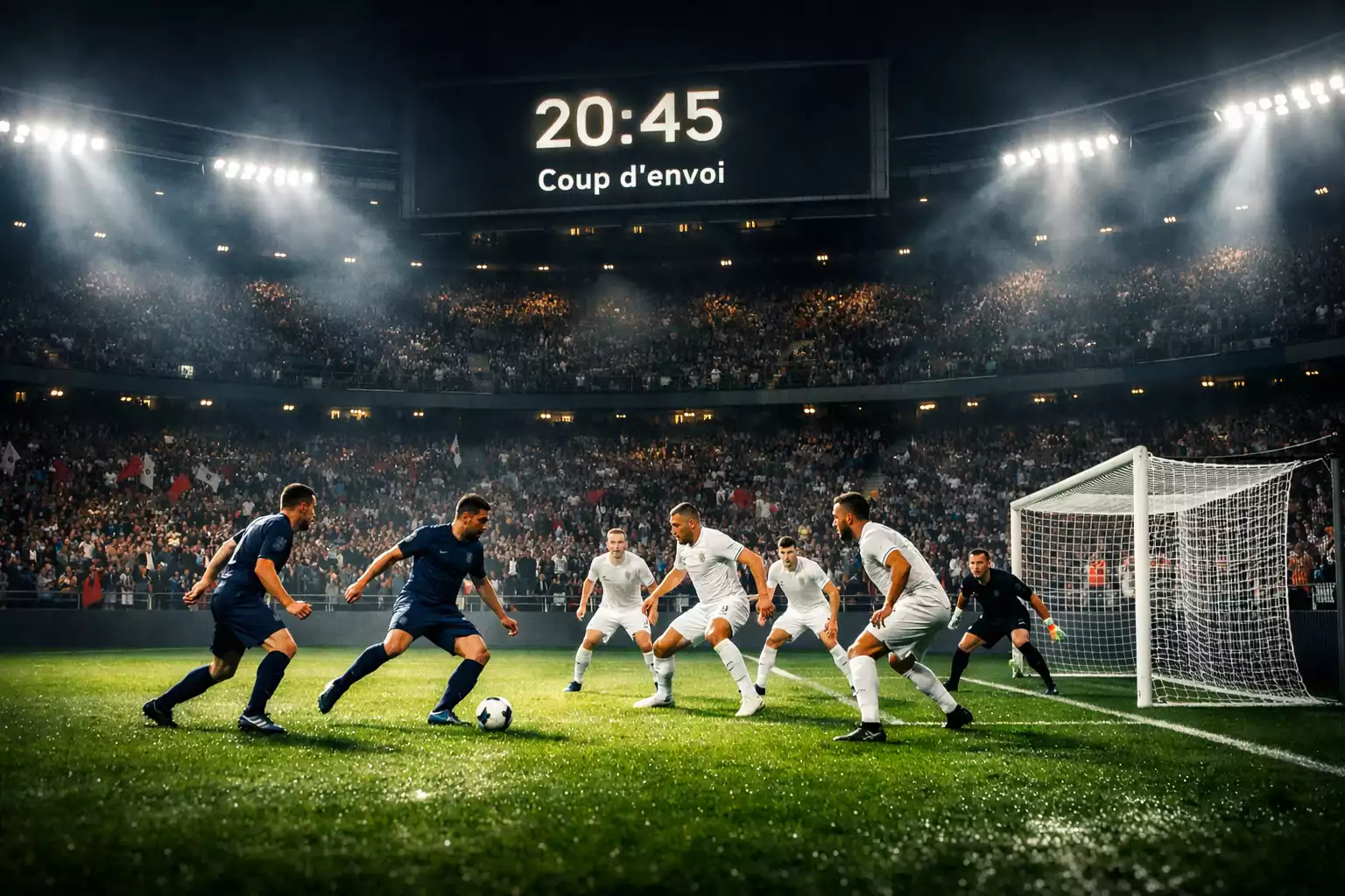 Match de football sous les projecteurs en soirée
