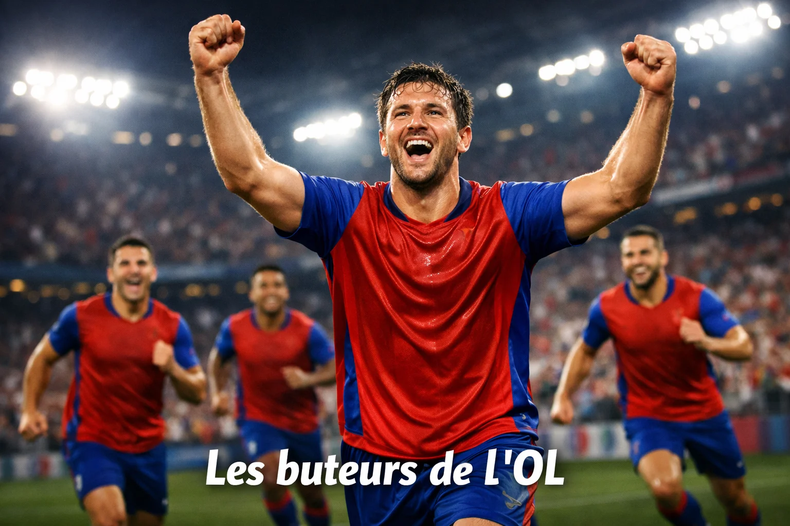 Attaquants de l'Olympique Lyonnais célébrant un but