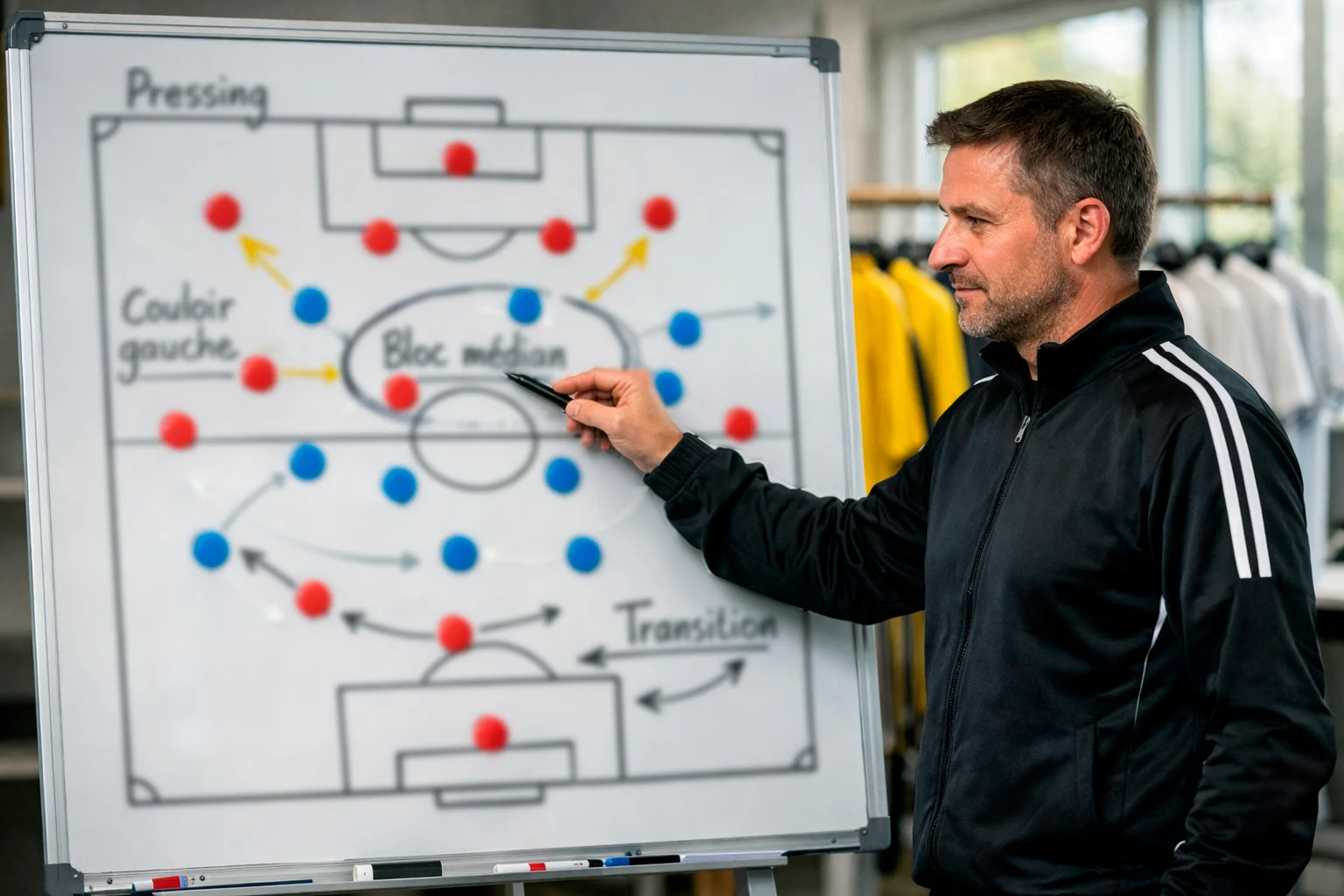 Analyse tactique d'un match de football avec schéma sur tableau