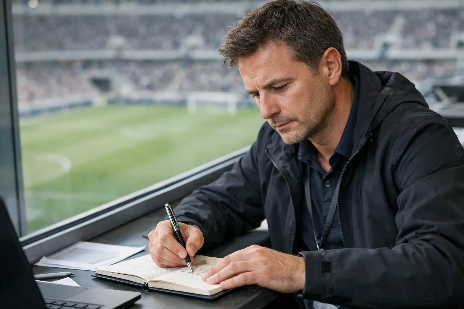 Analyste sportif prenant des notes dans un carnet devant un terrain de football
