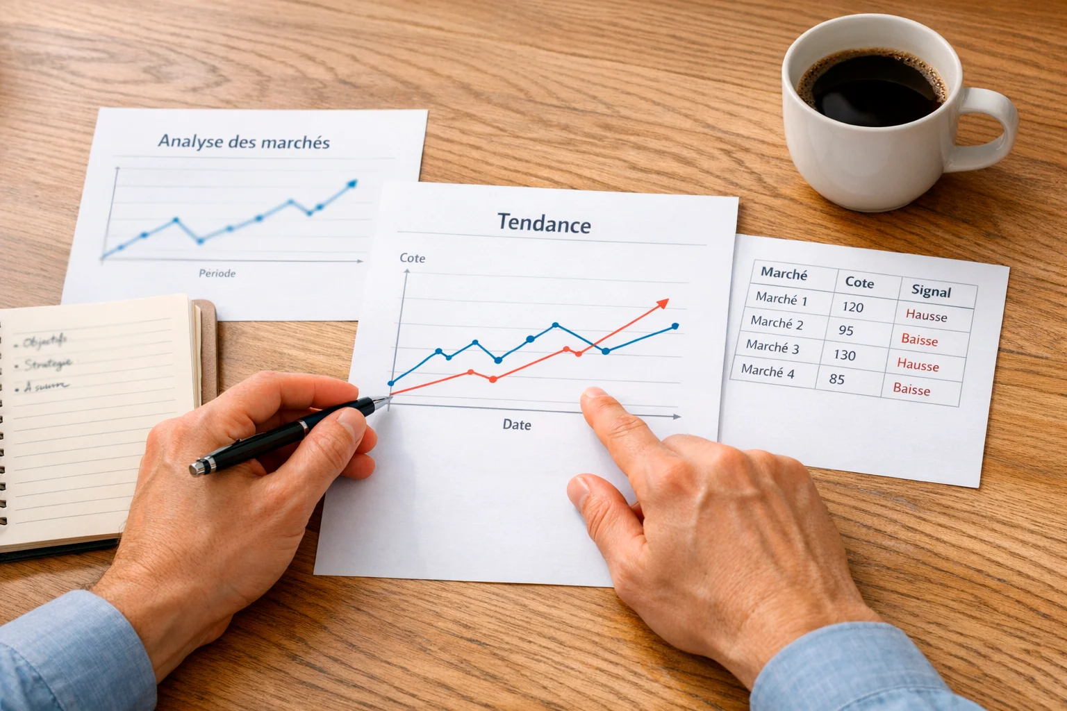 Personne analysant des documents avec des graphiques de tendances sur un bureau