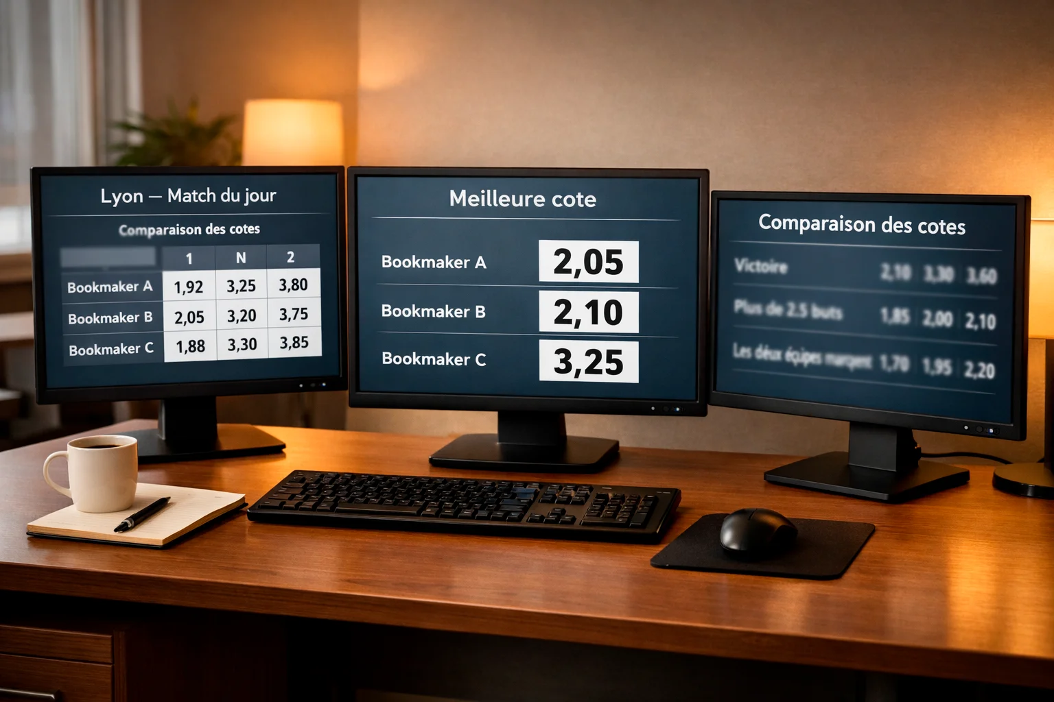 Plusieurs écrans affichant des comparaisons de cotes entre différents bookmakers