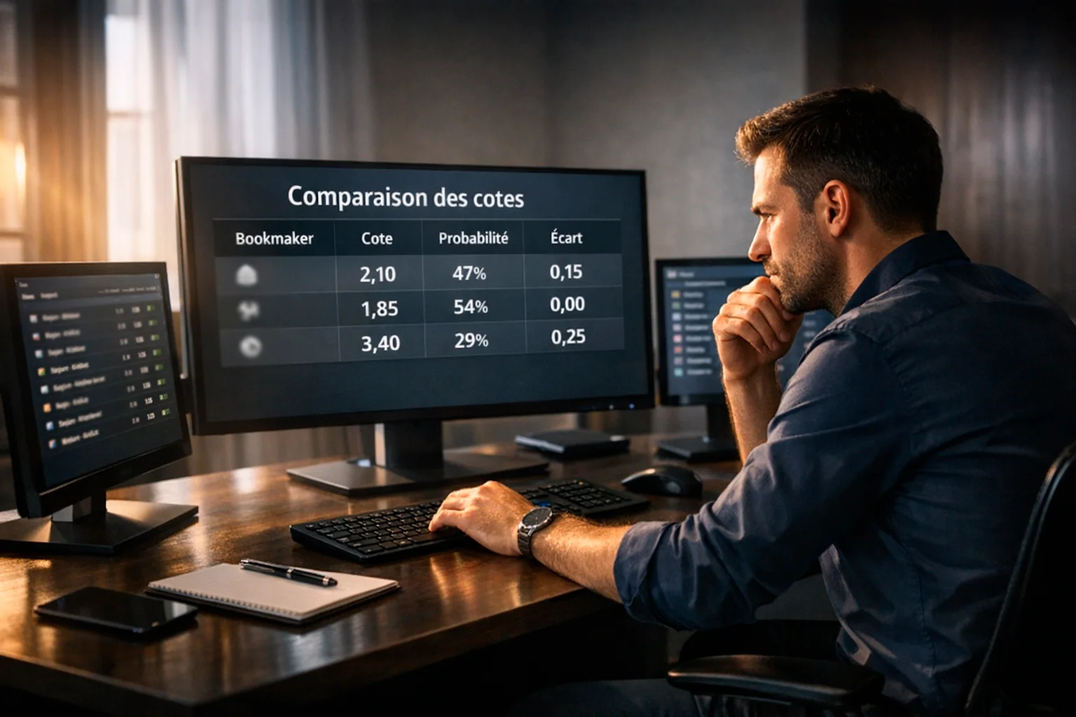 Analyste étudiant des cotes de paris sportifs sur un écran d'ordinateur