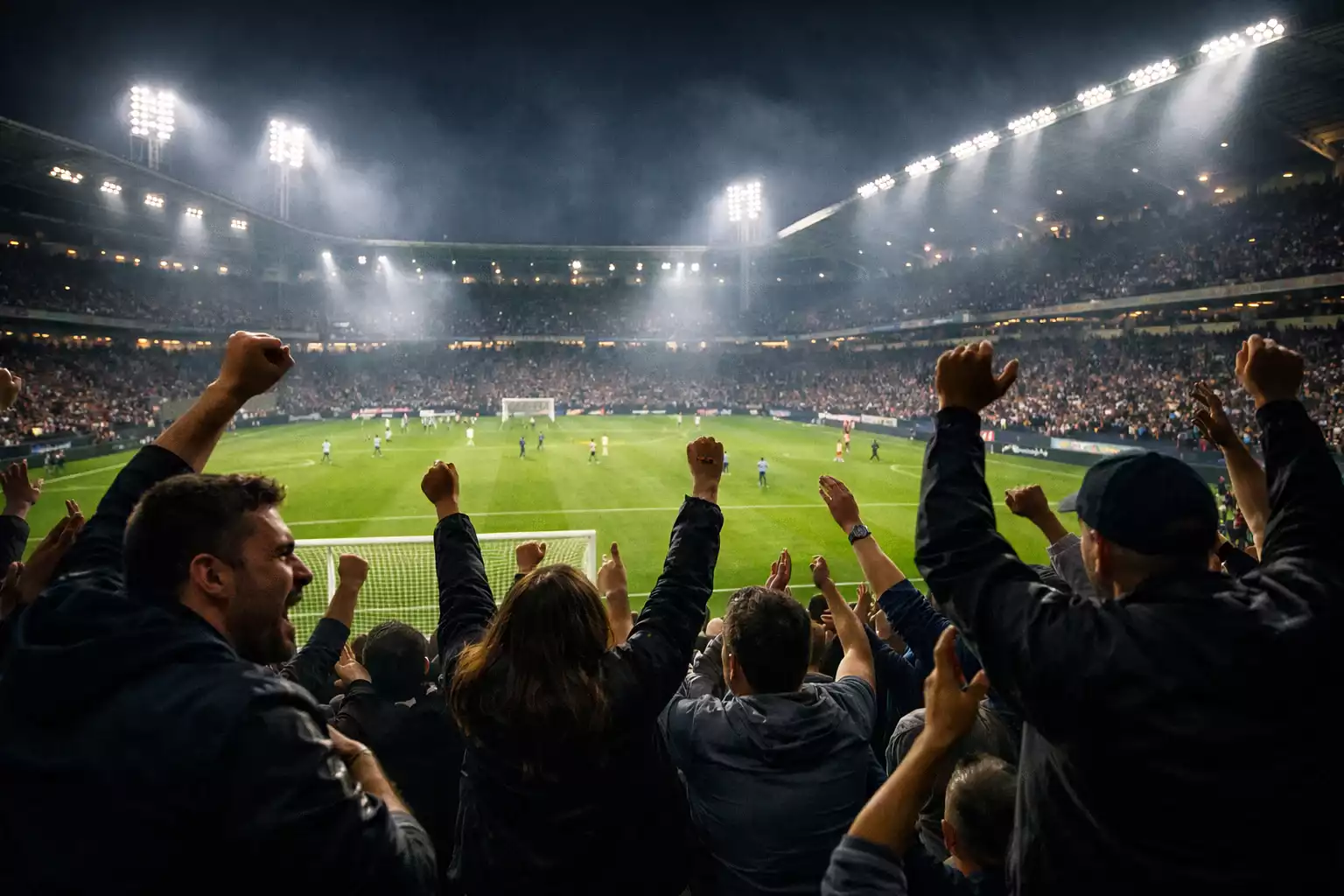 Supporters regardant un match de football en direct dans un stade illuminé