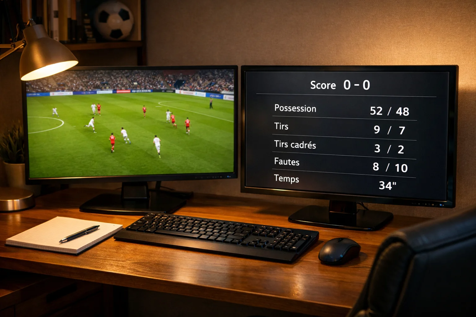 Bureau avec plusieurs écrans montrant un match de football et des statistiques