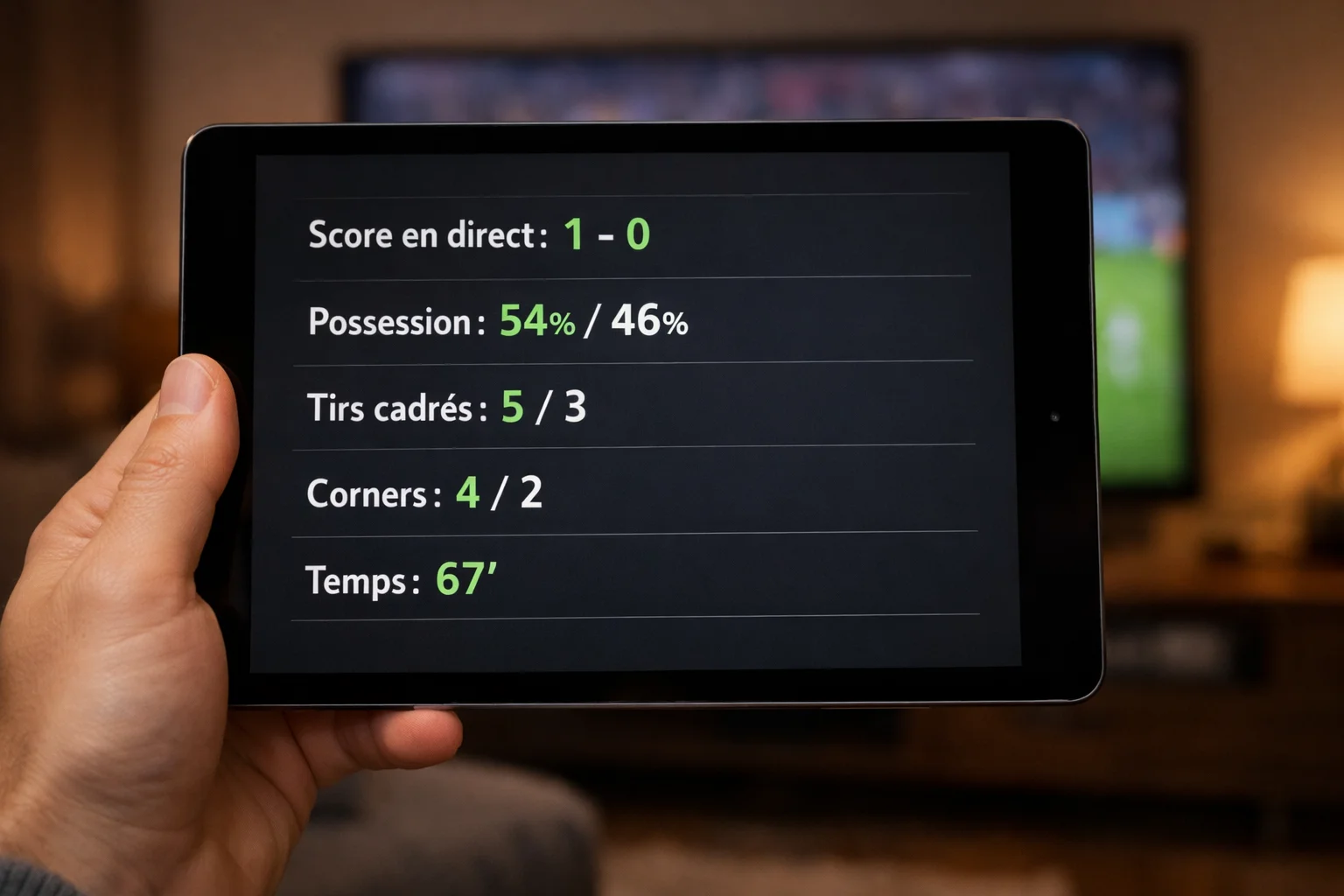 Écran affichant des statistiques de match de football en temps réel