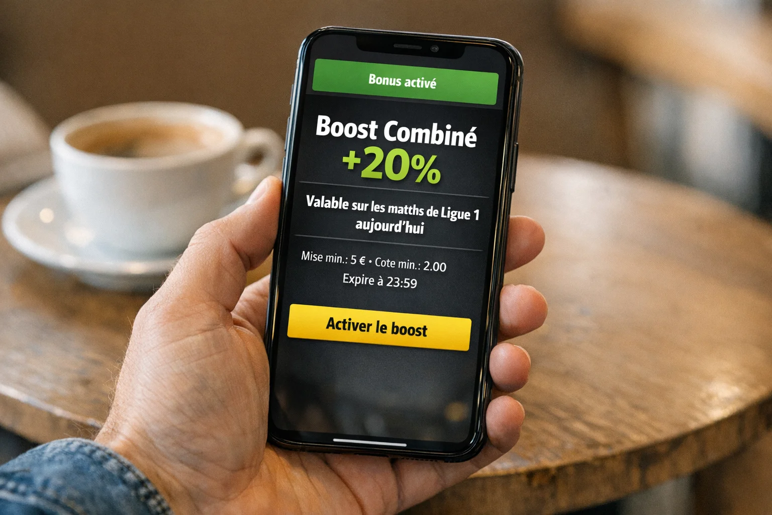 Smartphone affichant une offre promotionnelle de bonus sur les paris combinés