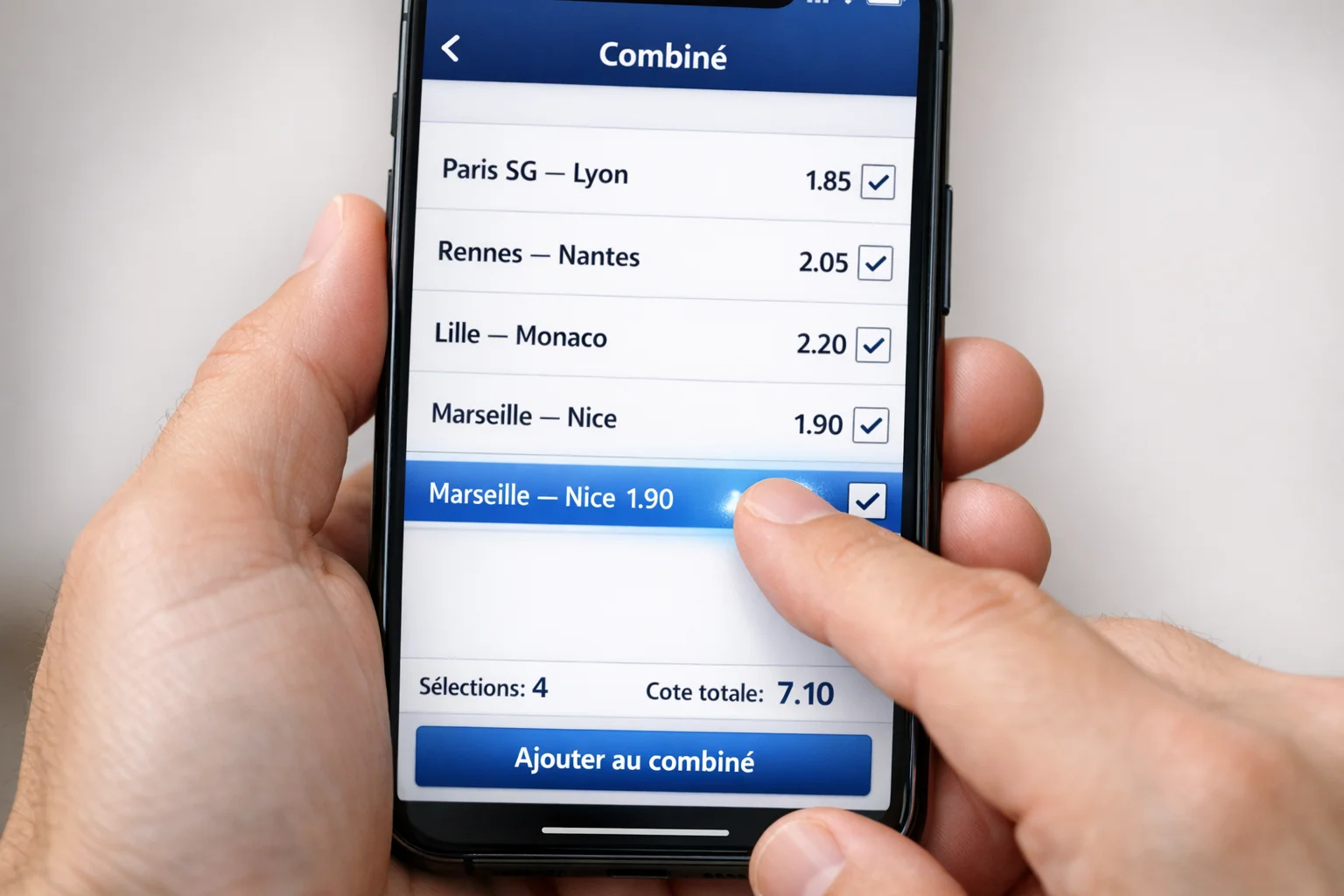 Écran d'application de paris sportifs montrant des sélections multiples