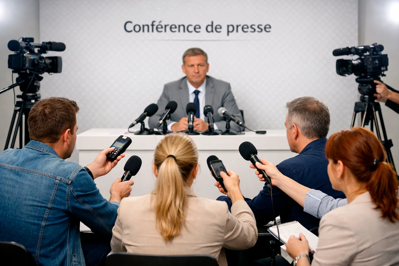 Journalistes lors d'une conférence de presse sportive avec micros et caméras