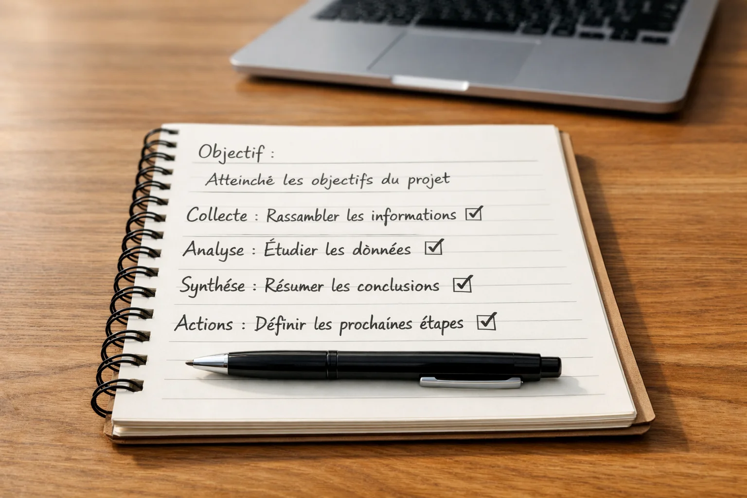 Bureau organisé avec carnet de notes ouvert et stylo à côté d'un ordinateur portable