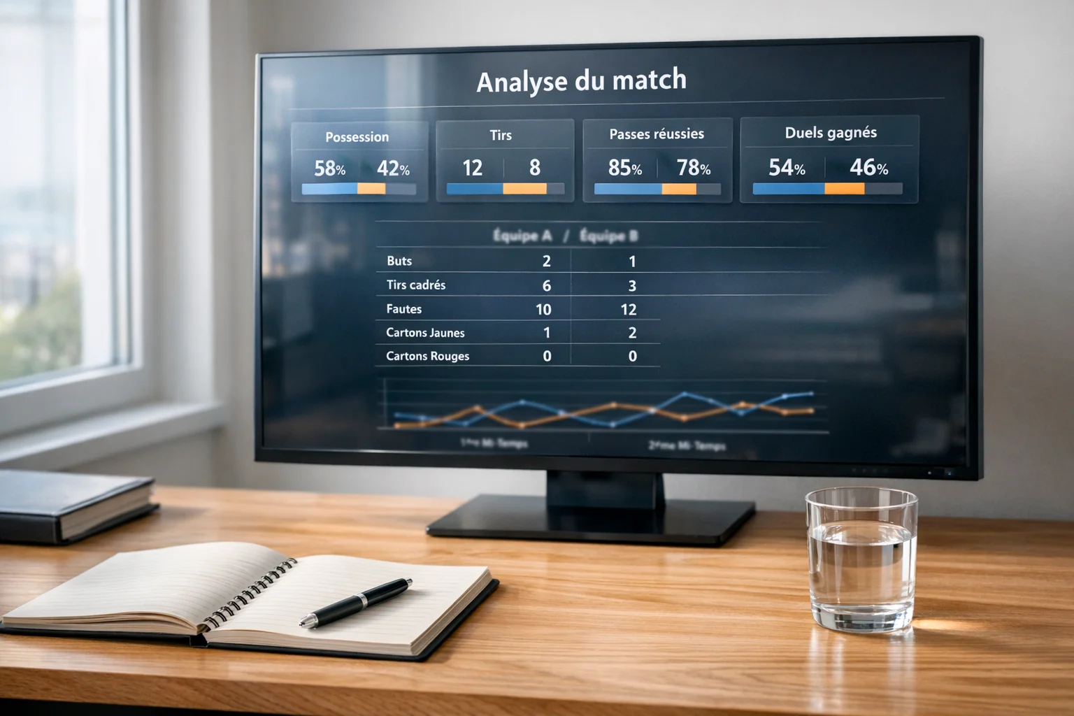 Espace de travail d'analyste sportif avec ordinateur et documents de statistiques