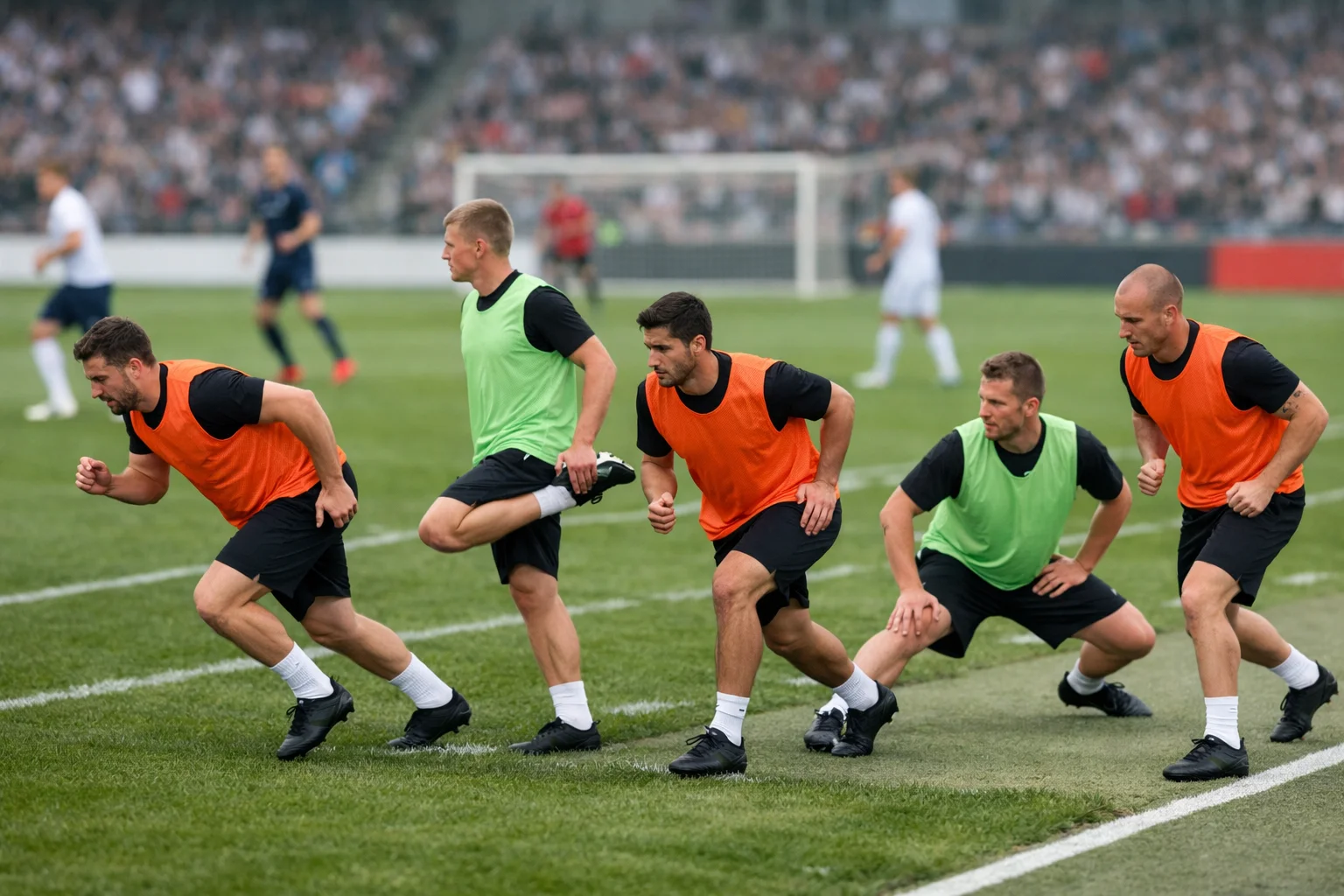 Joueurs remplaçants s'échauffant sur le bord du terrain