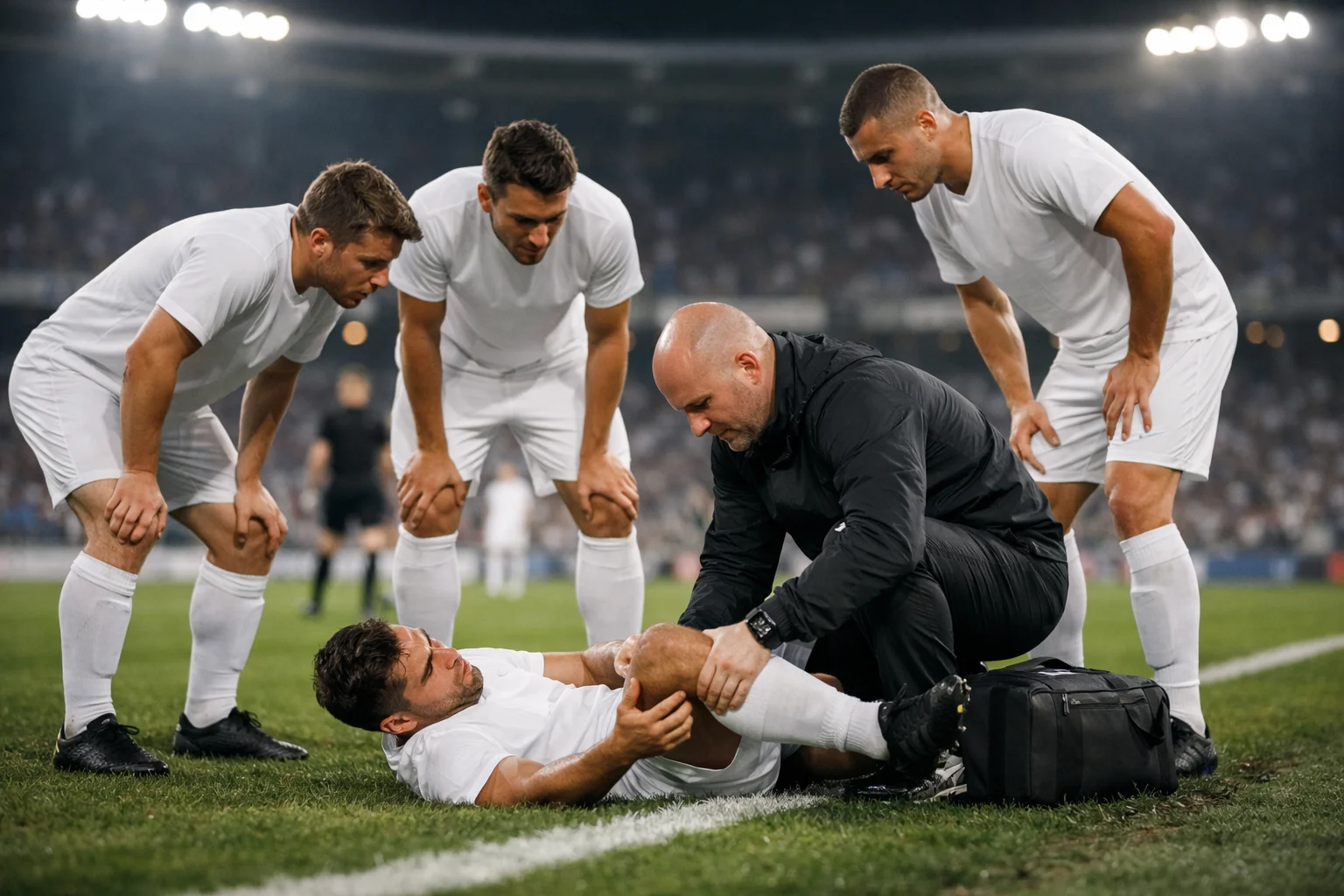 Joueur de football recevant des soins médicaux sur le terrain