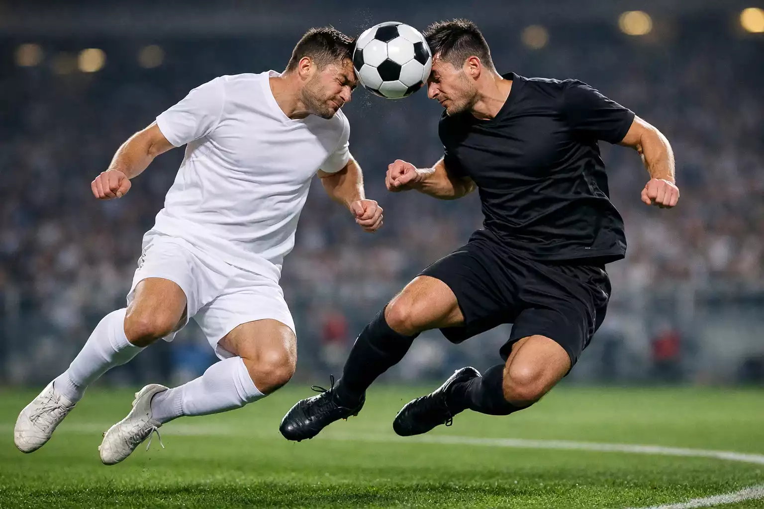 Joueurs de football disputant un ballon aérien lors d'un match intense