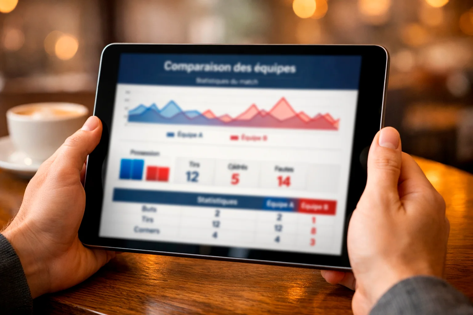 Personne analysant des statistiques de football sur tablette