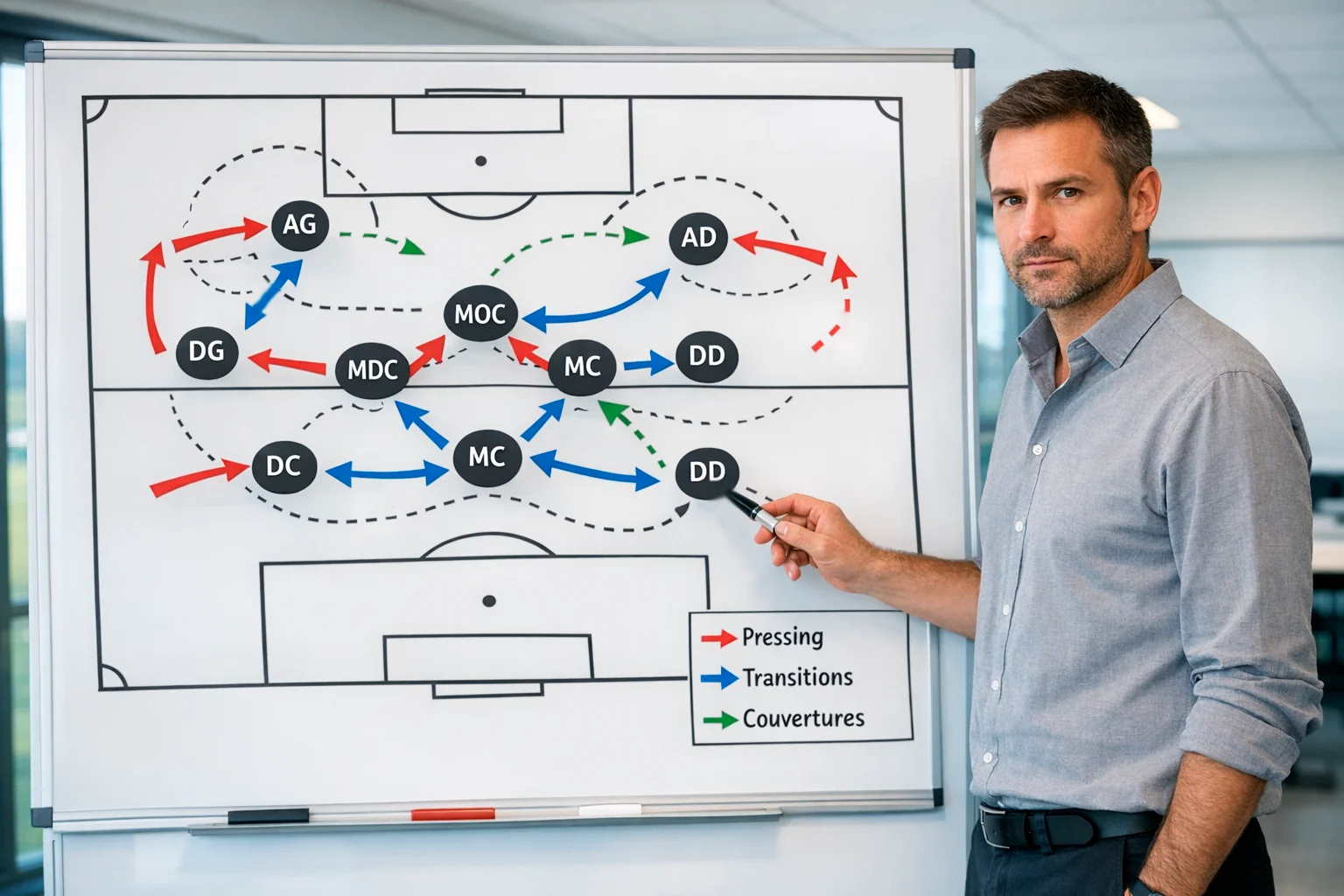 Entraîneur analysant une tactique de match sur tableau