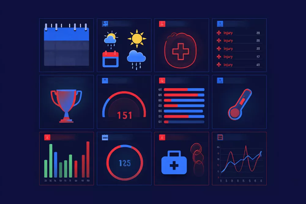 Dashboard d'analyse contextuelle du match Lyon PSG avec calendrier, météo, blessures et facteurs clés