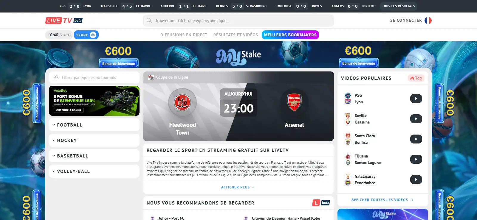 Accueil LiveTV avec diffusions sportives et résultats regroupés