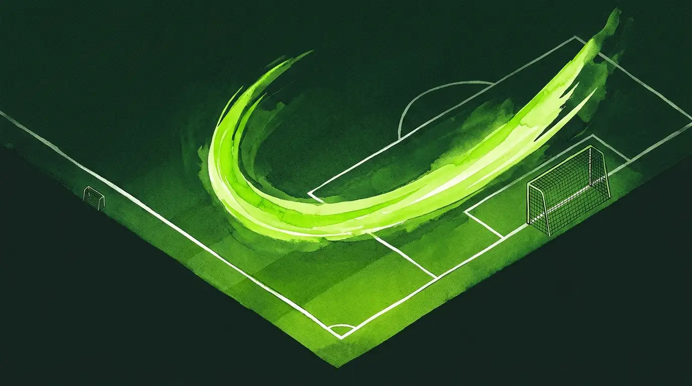 Lignes de terrain vert traversées par une trajectoire sportive lumineuse