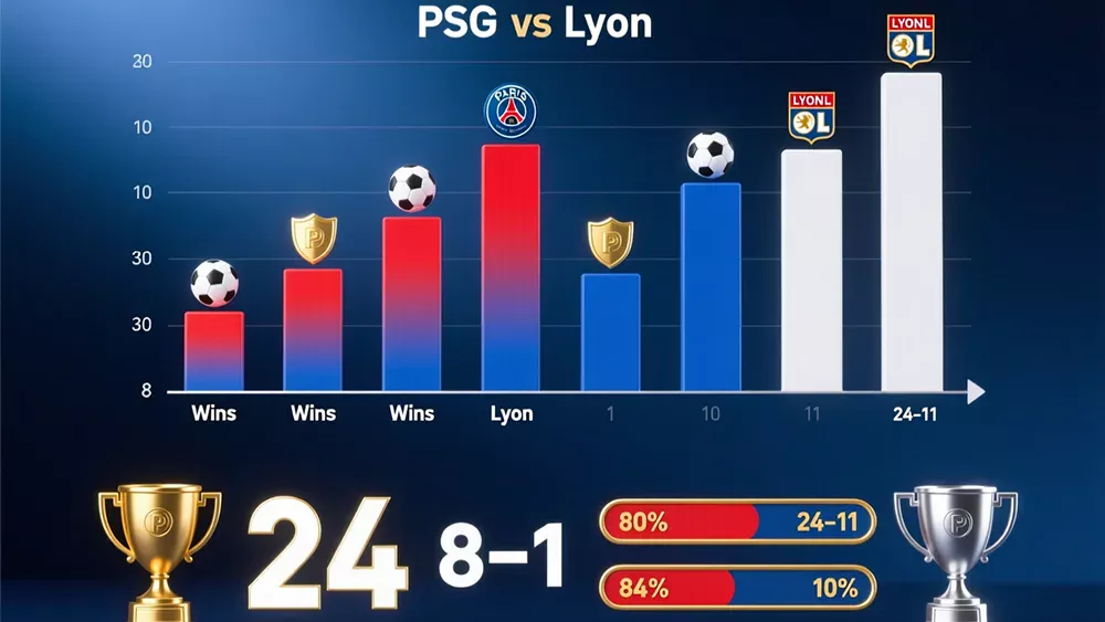 Infographie des statistiques historiques montrant la domination du PSG sur Lyon avec ratios de victoires et buts